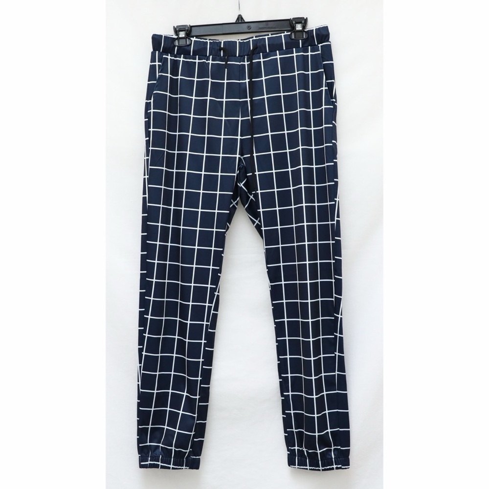 Fancyqube plaid stretch pants navy blue window pane print comfy lounge wear XL